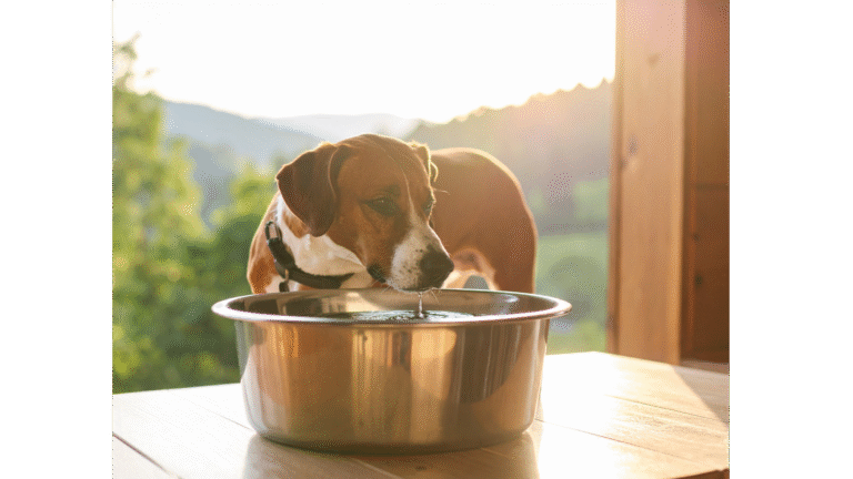 Pies rasy beagle pije wodę z metalowej miski na tarasie podczas zachodu słońca