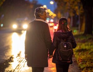 Starsza osoba i dziecko idące wieczorem za rękę wzdłuż mokrej ulicy, oświetlonej reflektorami samochodów i miejskimi latarniami.