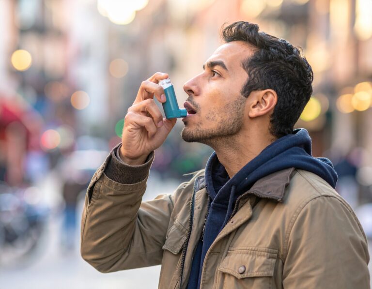 Mężczyzna na ulicy używający inhalatora, ubrany w kurtkę i bluzę, w tle rozmyte miejskie światła.