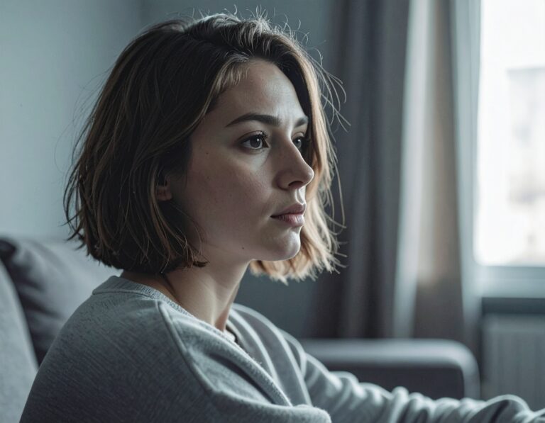 Kobieta o krótkich włosach siedząca w pokoju przy oknie, patrząca zamyślonym wzrokiem w bok w stonowanym świetle dnia.