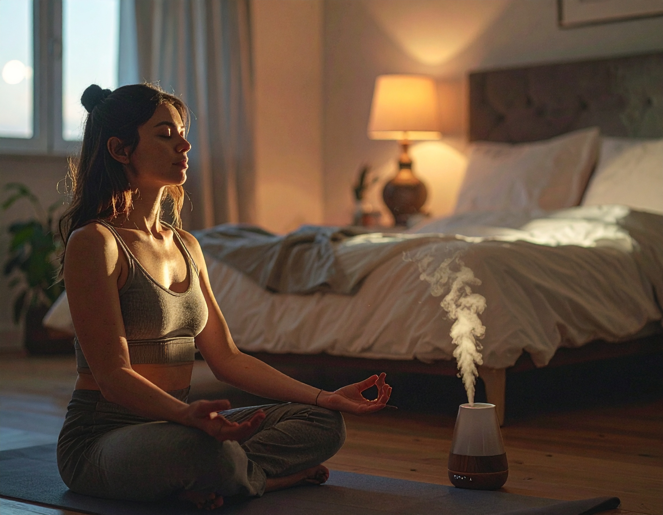Kobieta medytuje w pozycji siedzącej na macie w sypialni, przy włączonym dyfuzorze pary i ciepłym świetle lampy nocnej.