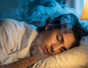 Mężczyzna śpiący spokojnie na białej poduszce, otoczony delikatną mgłą lub parą w ciepłym, przytulnym świetle.