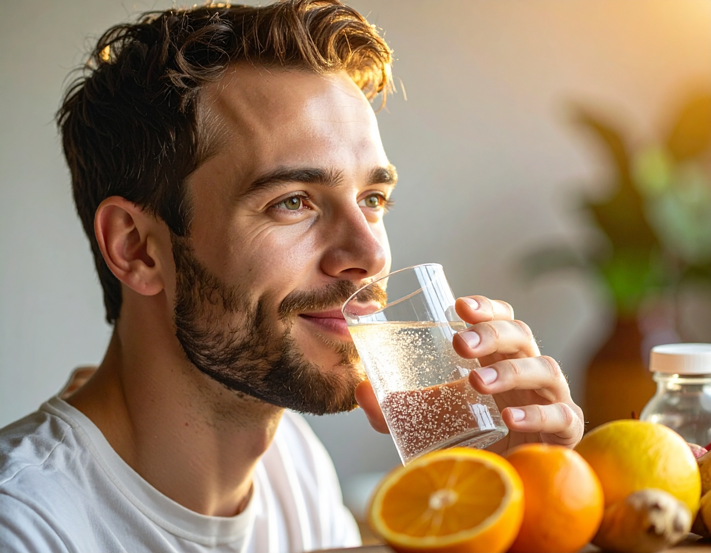Mężczyzna pije szklankę wody z uśmiechem, siedząc przy stole z pomarańczami i cytryną w ciepłym, naturalnym świetle.