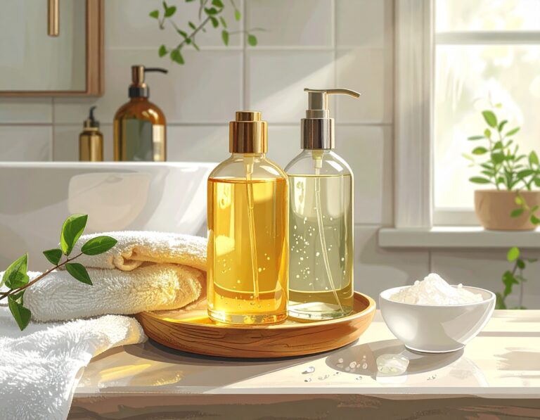 Butelki z naturalnymi kosmetykami do pielęgnacji, ręczniki i miseczka z solą lub pudrem kosmetycznym ustawione na łazienkowym blacie w ciepłym świetle dnia.