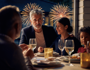 Rodzina siedząca przy świątecznym stole, a za oknem widać kolorowe fajerwerki.
