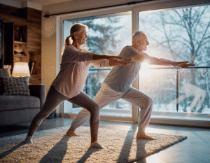 Starsza para wykonuje ćwiczenia w domu, stojąc w pozycji wojownika, w jasnym salonie oświetlonym zimowym słońcem.