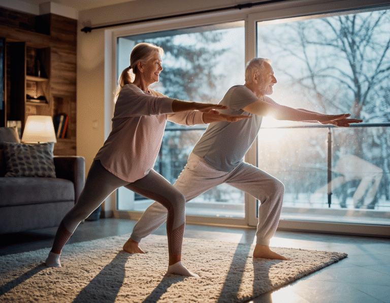 Starsza para wykonuje ćwiczenia w domu, stojąc w pozycji wojownika, w jasnym salonie oświetlonym zimowym słońcem.