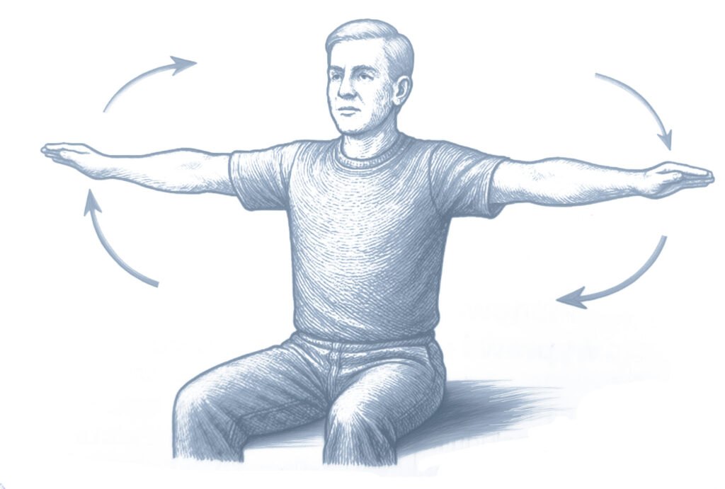 Starszy mężczyzna siedzi na krześle z wyprostowanymi rękami i wykonuje koliste ruchy ramion.
