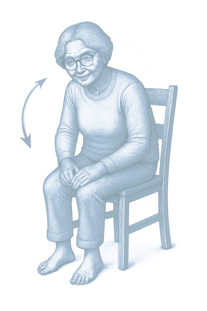 Starsza kobieta siedząca na krześle wykonuje ćwiczenie skłonów w przód i w tył, trzymając dłonie na kolanach.