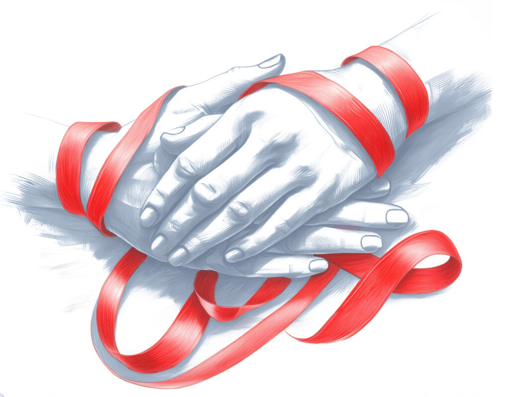 Dwie splecione dłonie owinięte czerwoną wstążką — symbolem solidarności z osobami żyjącymi z HIV.