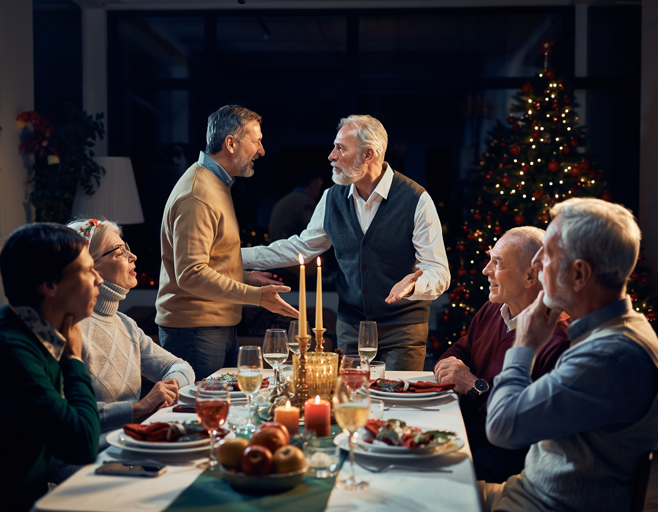 Rodzinna kolacja świąteczna, podczas której dwóch mężczyzn wdaje się w emocjonalną sprzeczkę przy stole.
