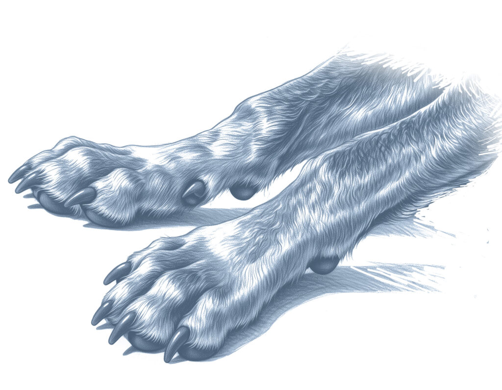 Ilustracja psich łap w zbliżeniu, przedstawiona w chłodnej, niebieskiej tonacji.