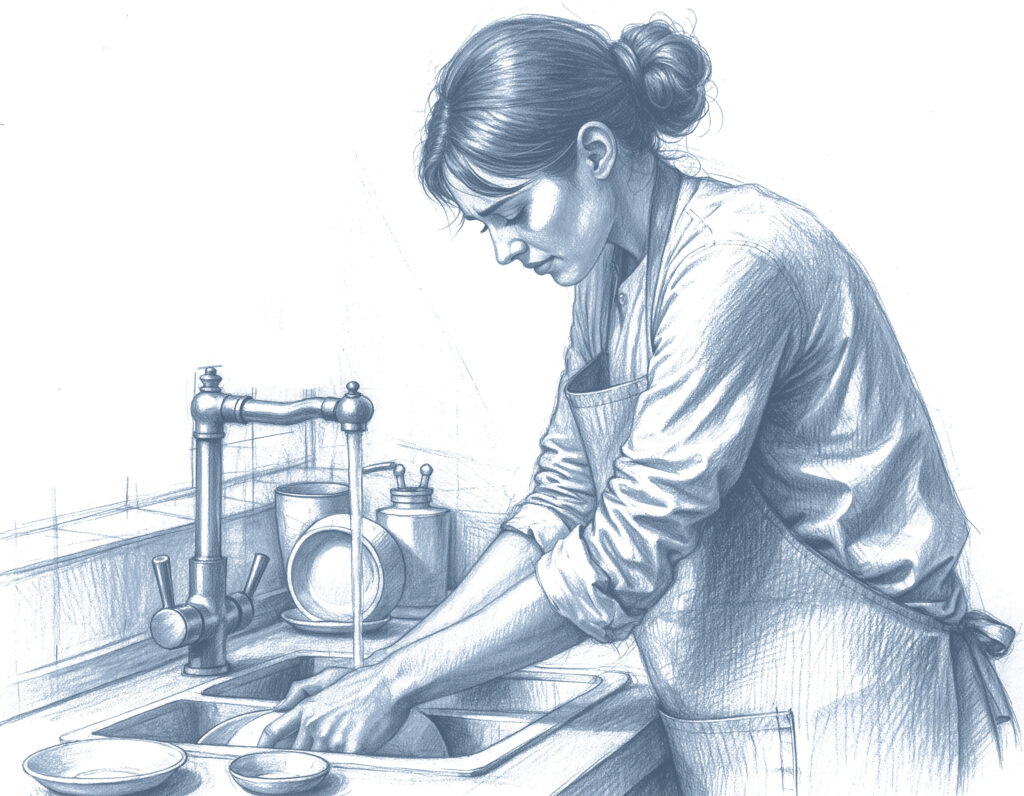 Kobieta pochylona nad zlewem myje naczynia pod bieżącą wodą.