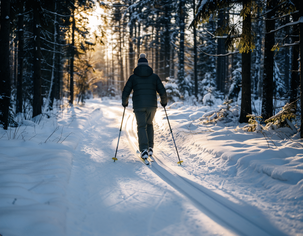 Osoba jadąca na nartach biegowych leśną, ośnieżoną trasą w zimowym słońcu.
