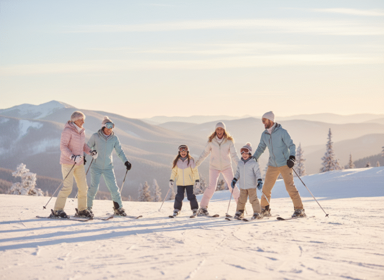 Grupa sześciu osób, w tym dorośli i dzieci, jadąca razem na nartach po zaśnieżonym stoku z malowniczymi górami w tle.