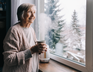 Starsza kobieta stoi przy oknie zimą, trzyma kubek z ciepłym napojem, a obok niej działa nawilżacz powietrza.