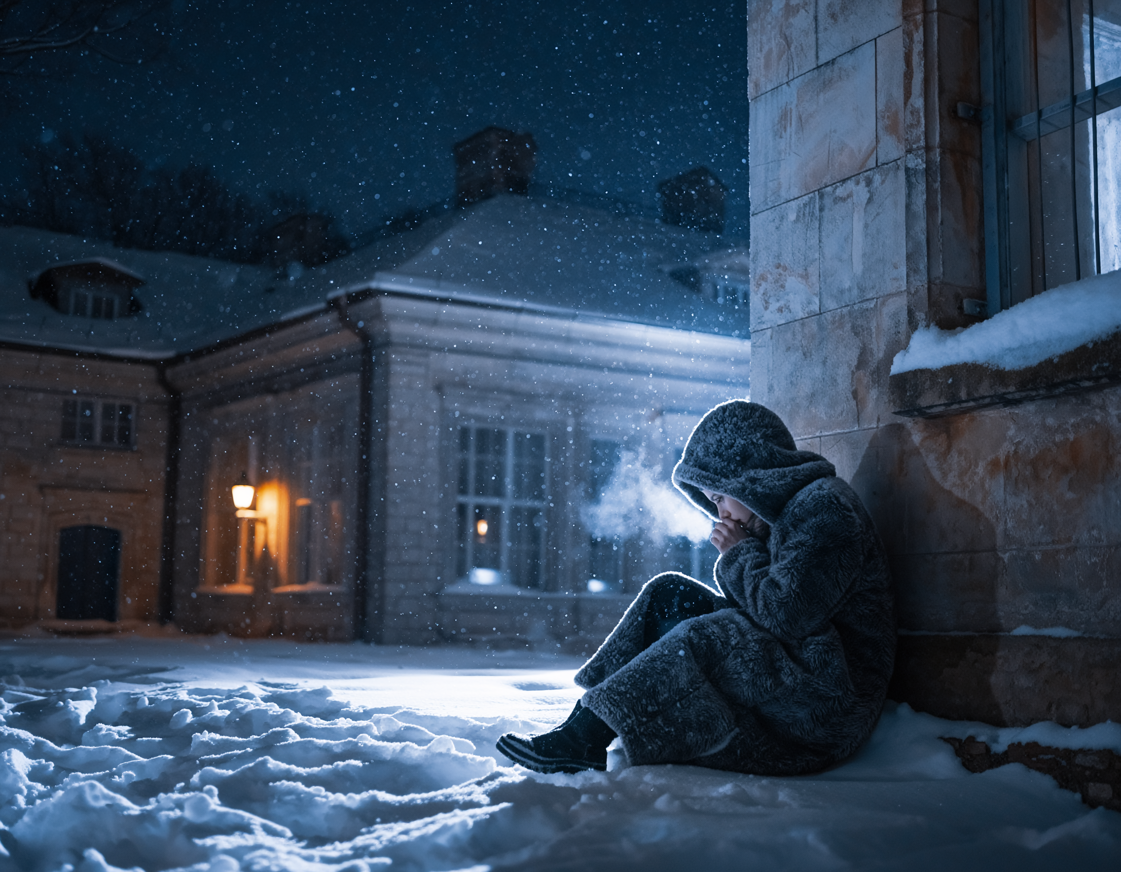 Osoba siedząca na śniegu pod ścianą budynku zimą, zziębnięta, w grubym płaszczu z kapturem, ogrzewająca dłonie oddechem.