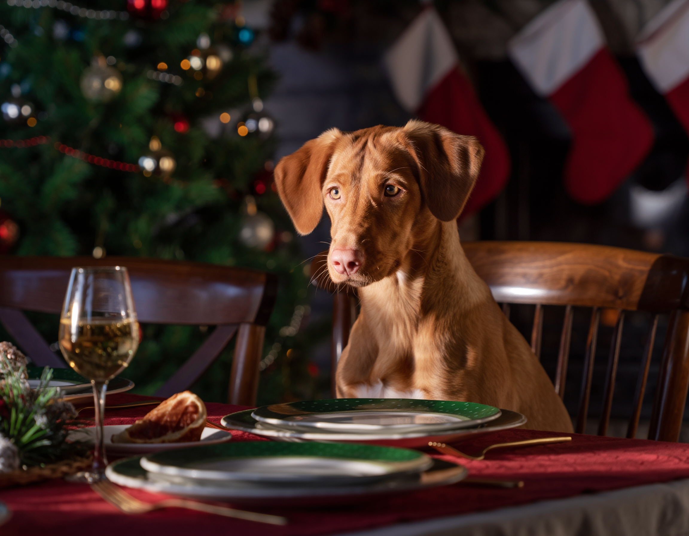 Pies siedzący przy świątecznie udekorowanym stole, na tle choinki i wiszących skarpet świątecznych.