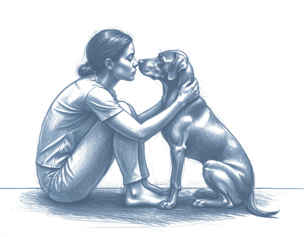 Ilustracja kobiety siedzącej na podłodze i tulącej psa; oboje stykają się nosami w czułym geście bliskości.
Caption: