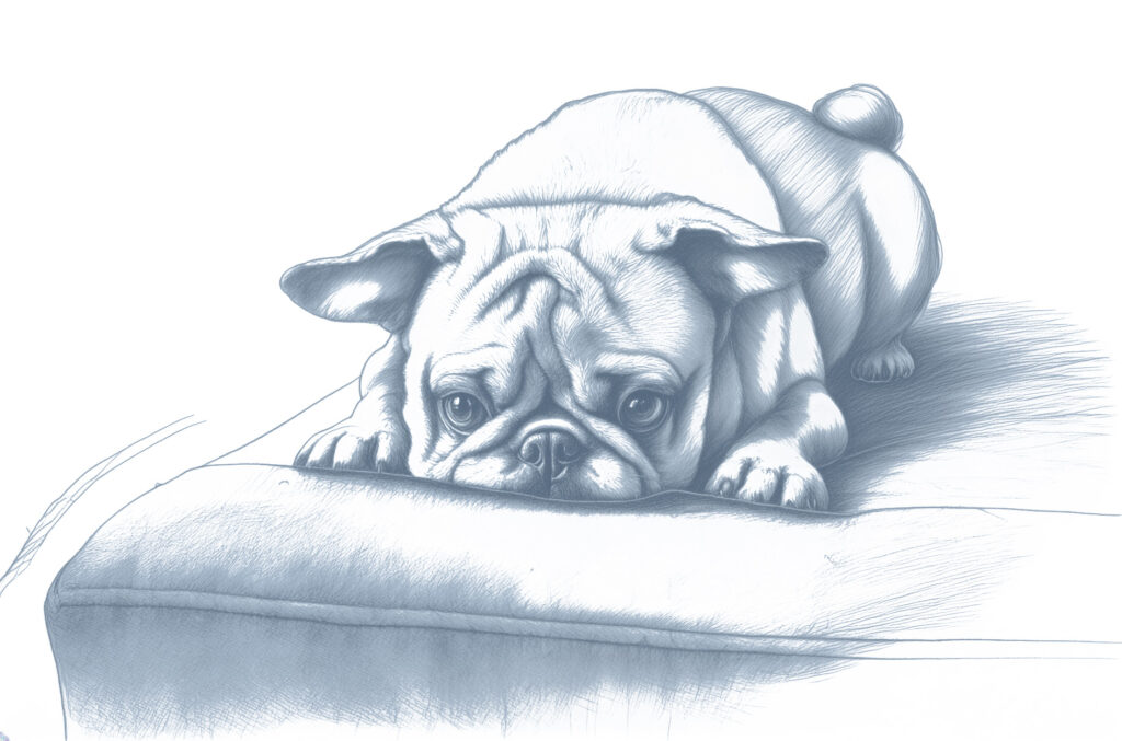 Ilustracja psa leżącego z głową opartą na krawędzi kanapy, patrzącego w górę z wyrazem smutku lub niepokoju.