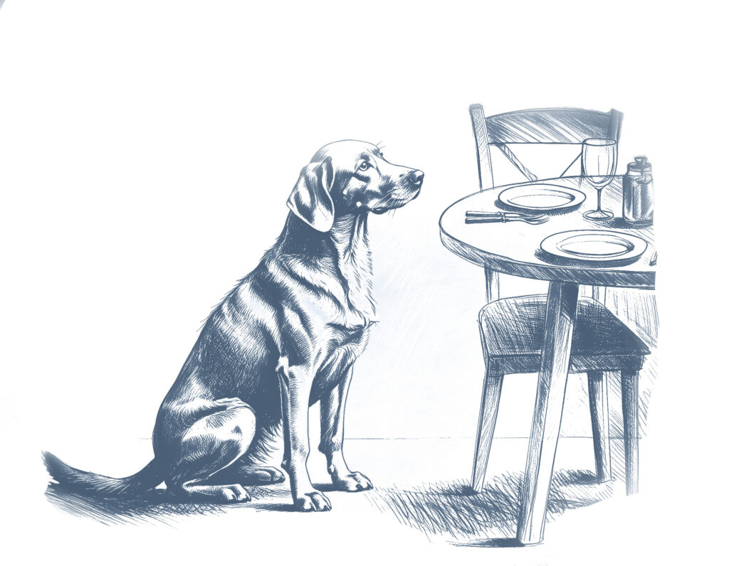 Ilustracja psa siedzącego obok stołu nakrytego do posiłku, z talerzami, kieliszkiem i sztućcami.