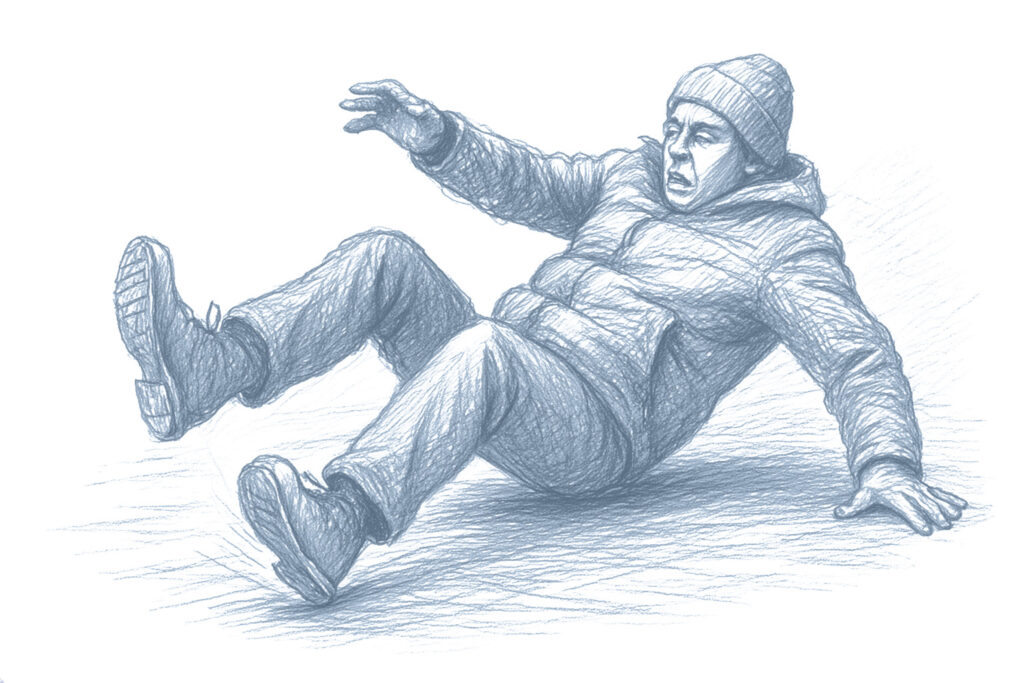 Ilustracja osoby, która traci równowagę i upada na oblodzonej powierzchni, ubranej w zimową kurtkę i czapkę.