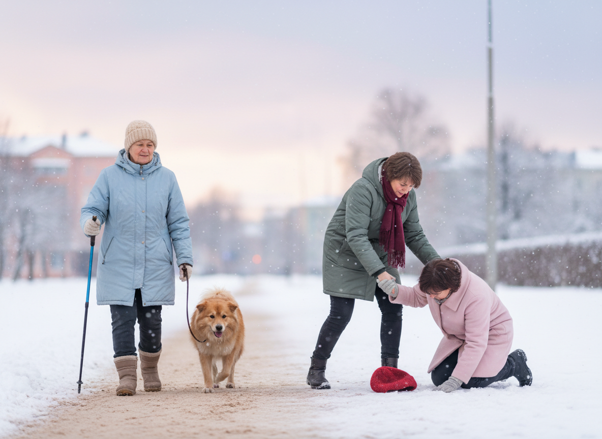 Dwie kobiety pomagają trzeciej osobie, która poślizgnęła się i upadła na ośnieżonej alejce; obok przechodzi starsza kobieta z psem.