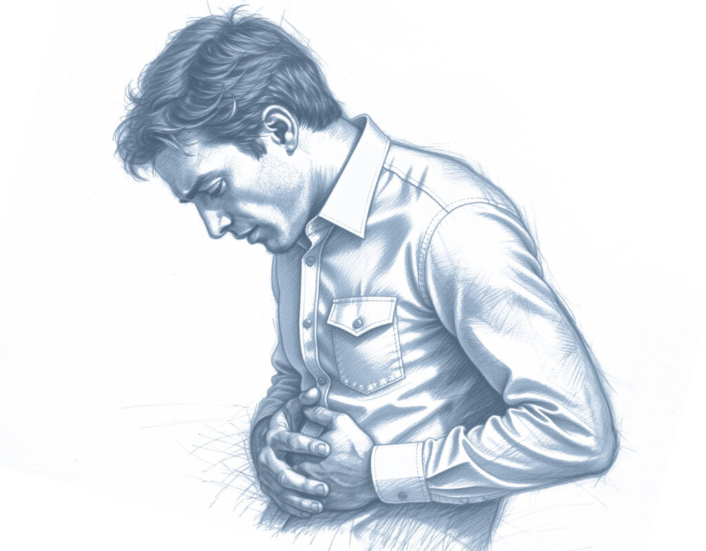 Ilustracja mężczyzny trzymającego się za brzuch, pochylonego z wyraźnym dyskomfortem lub bólem.