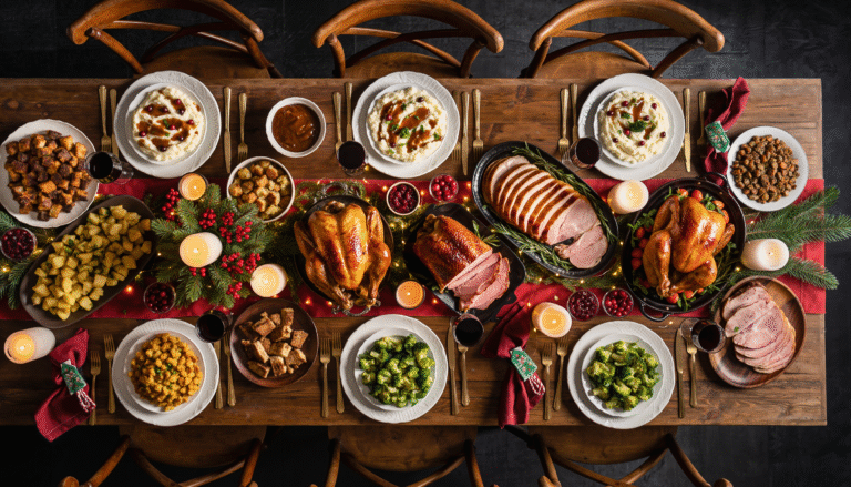 Świąteczny stół zastawiony licznymi potrawami, w tym pieczonym mięsem, warzywami, ziemniakami, sałatkami i deserami, udekorowany świecami i zielonymi gałązkami.