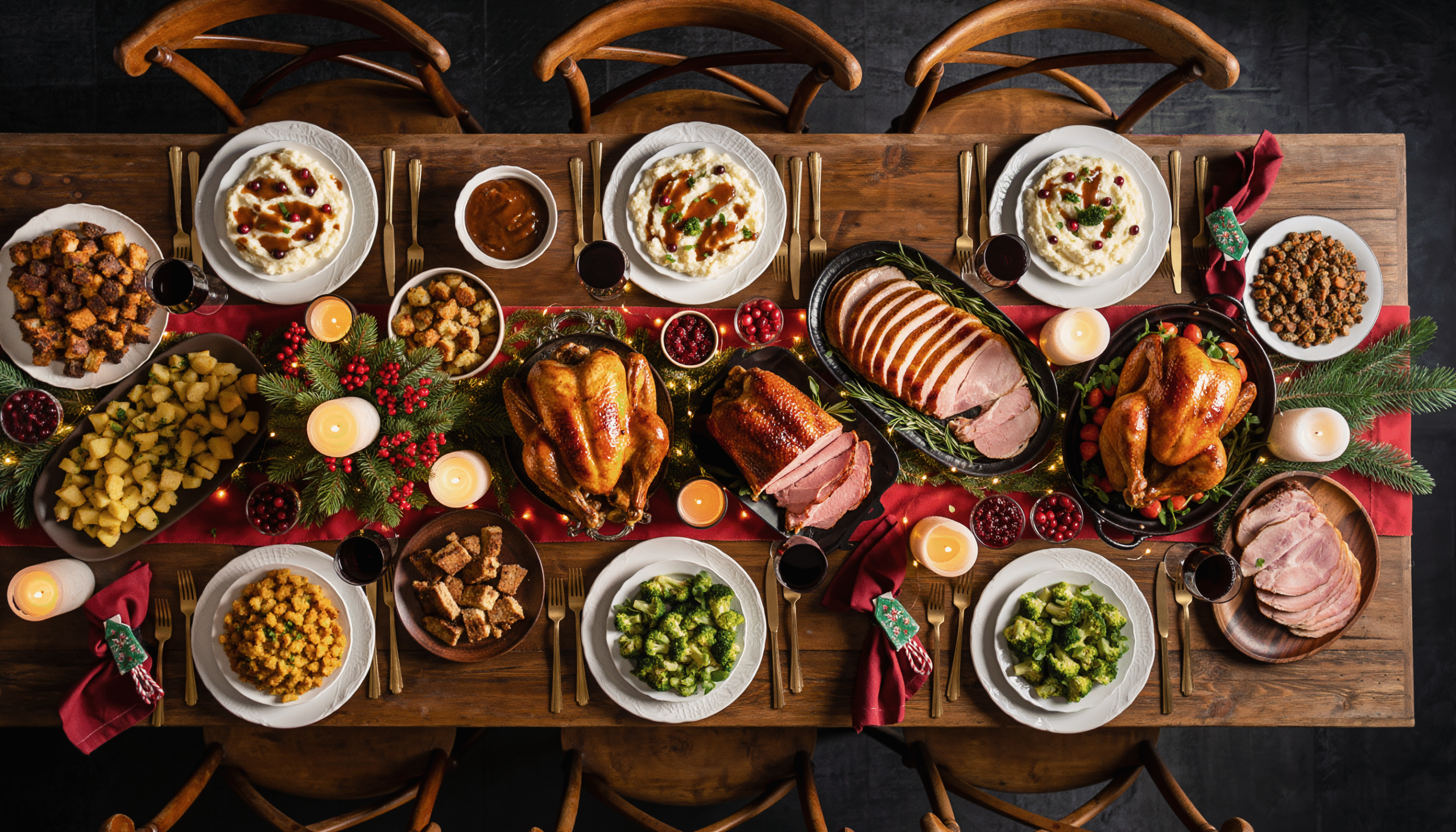 Świąteczny stół zastawiony licznymi potrawami, w tym pieczonym mięsem, warzywami, ziemniakami, sałatkami i deserami, udekorowany świecami i zielonymi gałązkami.