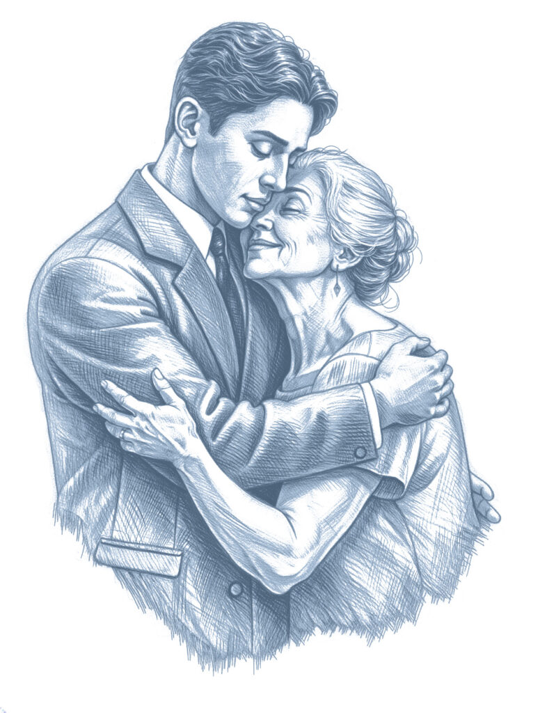 Młody mężczyzna obejmujący czule uśmiechniętą starszą kobietę.