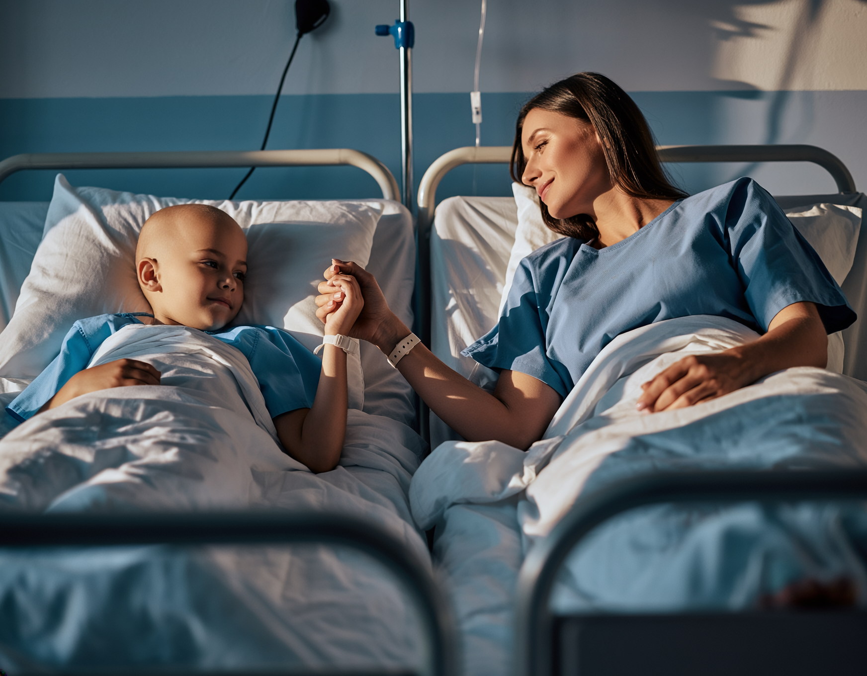 Mama i dziecko leżące w szpitalnych łóżkach trzymają się za ręce, wspierając się podczas leczenia.
