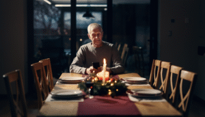 Starszy mężczyzna siedzący samotnie przy świątecznym stole, patrzący na telefon obok zapalonej świecy.