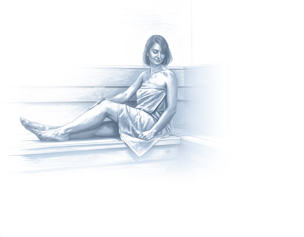 Ilustracja kobiety siedzącej w saunie, owiniętej ręcznikiem, odpoczywającej na drewnianej ławie.