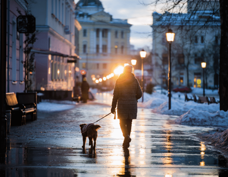 Osoba idąca z psem na smyczy zimą przez oświetloną ulicę miasta, na mokrym i oblodzonym chodniku, o zachodzie słońca.