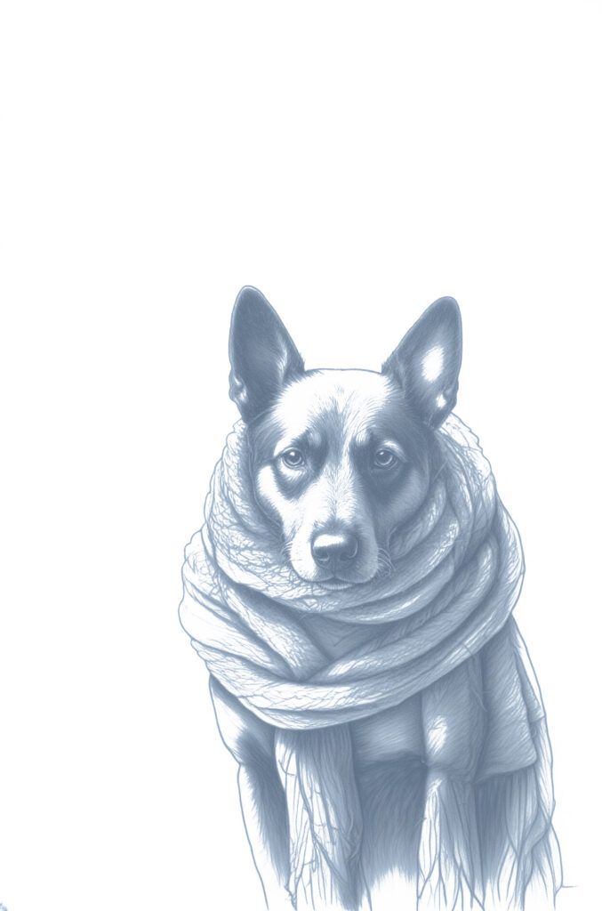 Ilustracja psa w grubym szalu, patrzącego prosto przed siebie; rysunek w chłodnych, niebieskich odcieniach.