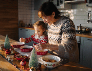 Babcia i mała dziewczynka wspólnie przygotowują świąteczne potrawy w kuchni, mieszając składniki w miseczkach i uśmiechając się do siebie.