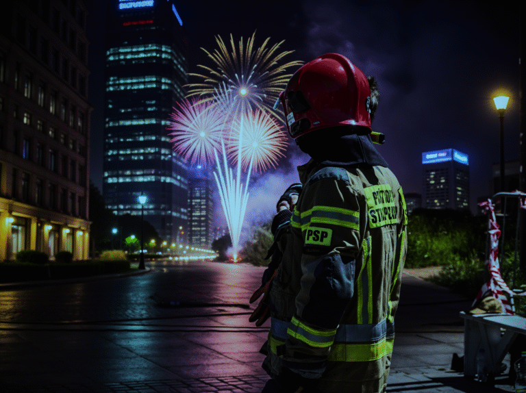 Strażak w pełnym umundurowaniu obserwuje pokaz fajerwerków w miejskiej scenerii nocą.