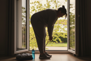 Kobieta w stroju sportowym wykonuje skłon przy otwartym oknie, przygotowując się do aktywności fizycznej po zimie.