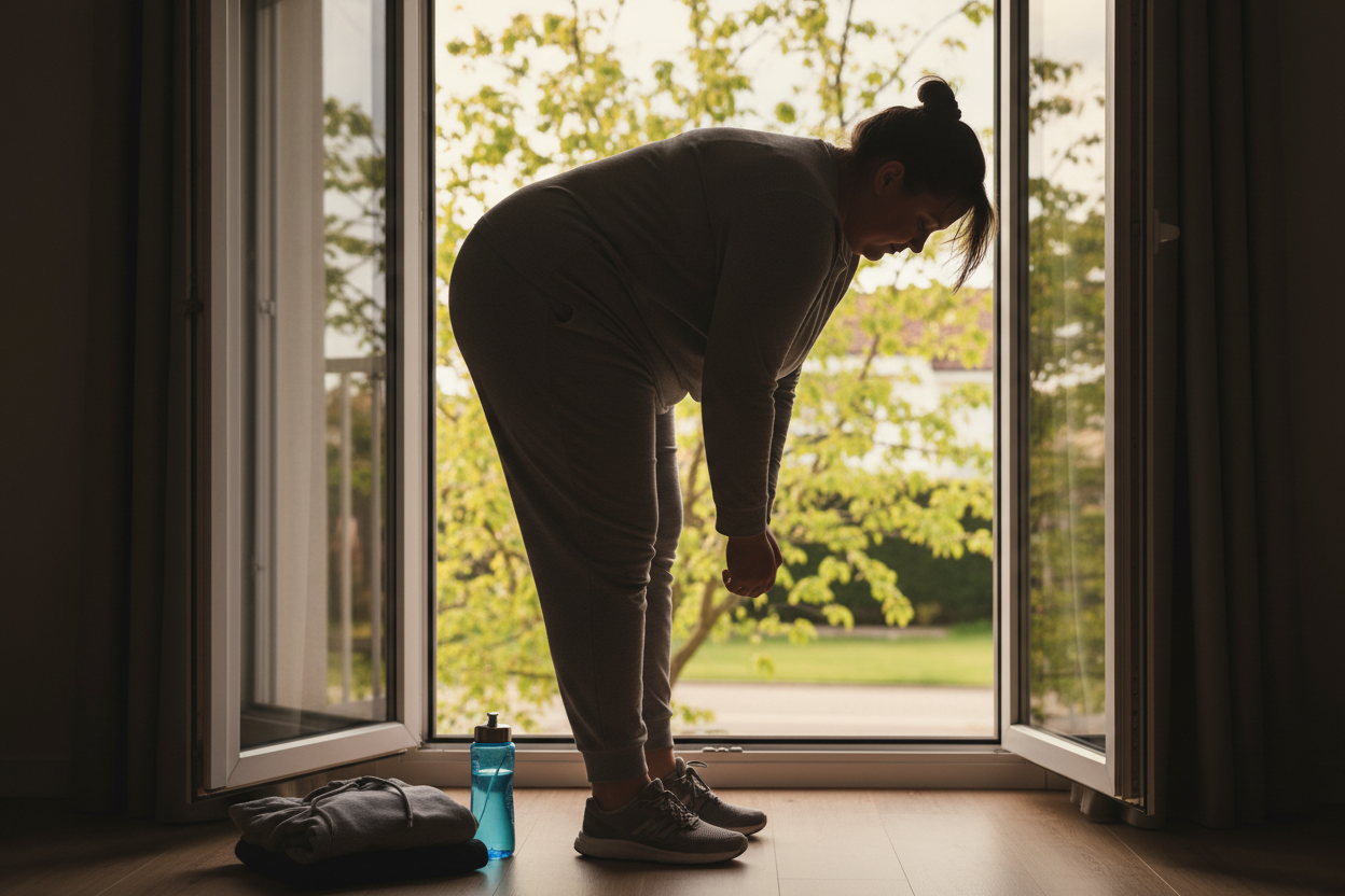 Kobieta w stroju sportowym wykonuje skłon przy otwartym oknie, przygotowując się do aktywności fizycznej po zimie.