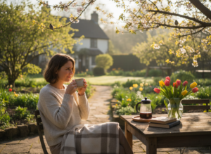 Kobieta siedzi w ogrodzie przy drewnianym stole, pije kawę i otoczona jest wiosennymi tulipanami oraz zielenią.