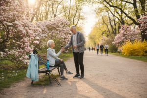 Starsza para odpoczywa na ławce w parku wśród kwitnących drzew, podczas wiosennego spaceru z kijkami do nordic walking.