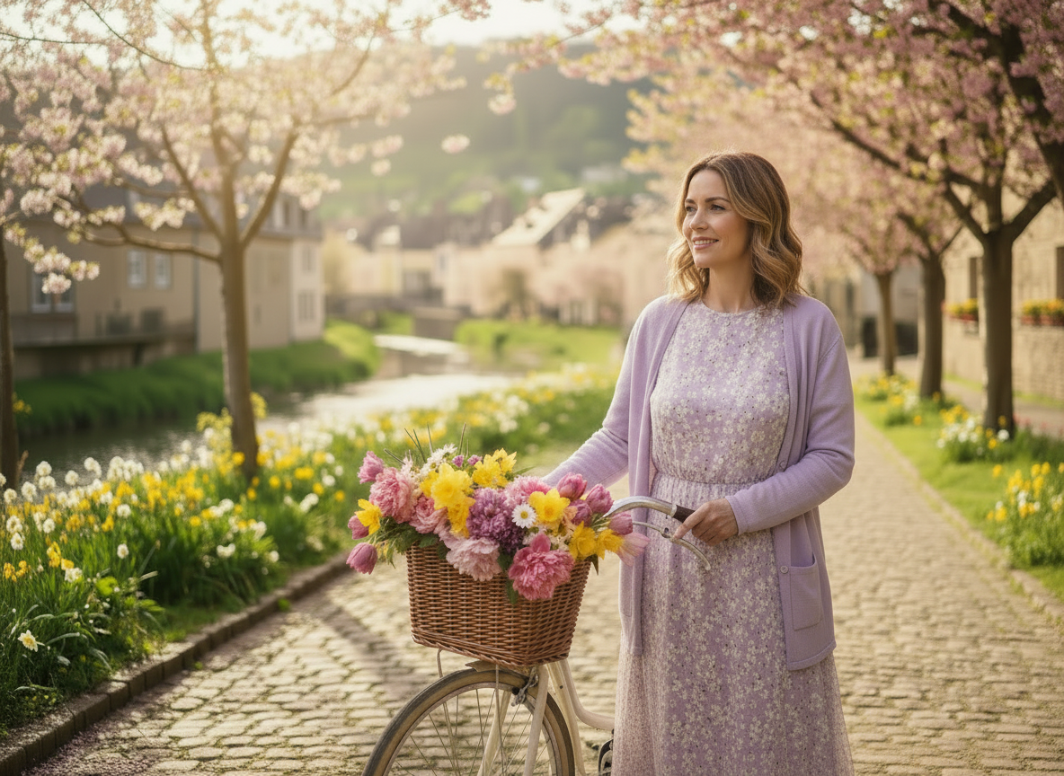 Kobieta w jasnej, wiosennej sukience prowadzi rower z koszem pełnym kolorowych kwiatów wśród kwitnących drzew nad kanałem.