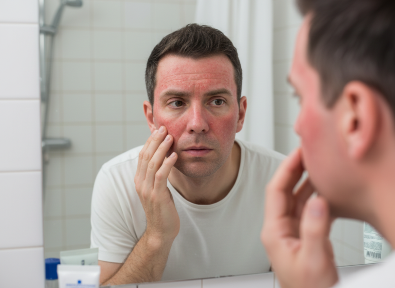 Mężczyzna patrzy w lustro i dotyka zaczerwienionej skóry twarzy, widoczne podrażnienie i rumień.