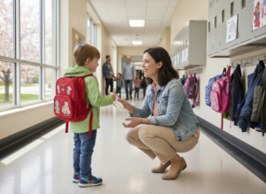 Mama kuca w szkolnym korytarzu i rozmawia z małym chłopcem z plecakiem przed wejściem do przedszkola.