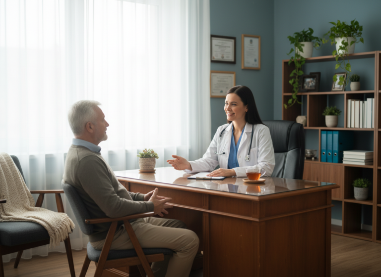 Lekarka rozmawia z dojrzałym pacjentem podczas wizyty kontrolnej w gabinecie medycznym.