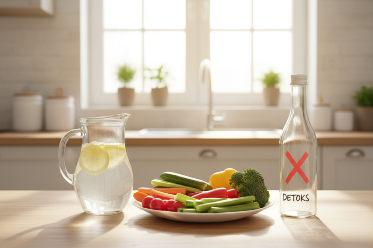 Dzbanek wody z cytryną, talerz świeżych warzyw oraz butelka z napisem „Detoks” przekreślonym czerwonym znakiem X na kuchennym blacie.