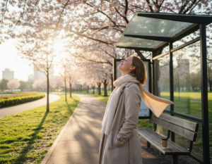 Kobieta stoi na przystanku w słoneczny, wiosenny dzień i unosi twarz do słońca wśród kwitnących drzew.