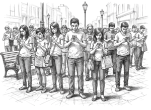 Grupa młodych ludzi idzie ulicą miasta, wszyscy patrzą w swoje smartfony, nie zwracając uwagi na otoczenie.