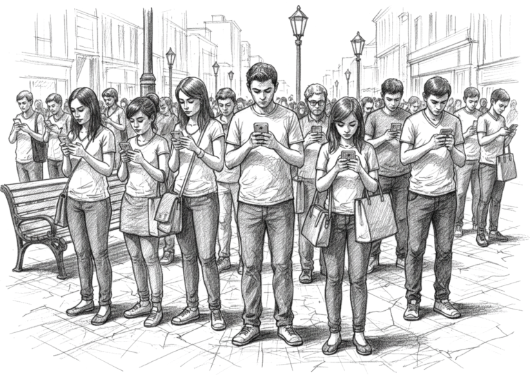 Grupa młodych ludzi idzie ulicą miasta, wszyscy patrzą w swoje smartfony, nie zwracając uwagi na otoczenie.